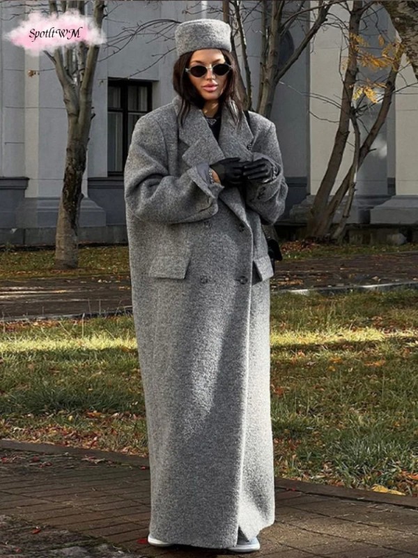 Pardessus long en laine à revers gris pour femme, poches boutonnées double, automne rue dame