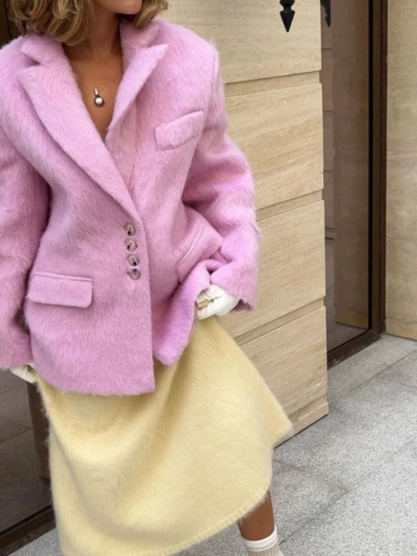 Pardessus blazer à revers en laine rose pour femme