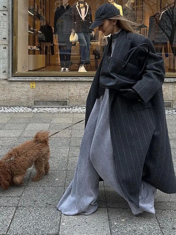 Manteaux en laine à rayures gris foncé pour femmes, veste de trajet avec revers à la mode