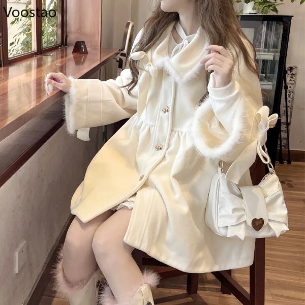 Manteau en laine de style Lolita pour femmes, veste patchwork en peluche et fausse fourrure douce