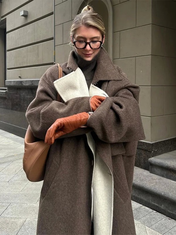 Manteau de lã reversível para mulher, bolso simples