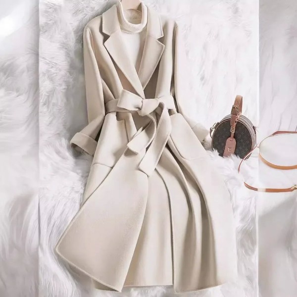 White Double-Faced Wool Mid-Length Jacket for Women - Slimming Style