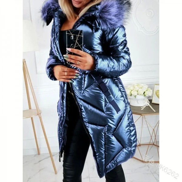 Pardessus mi-long avec fermeture éclair pour femme, parka brillante, grand col en fourrure, coupe-vent, manteau très chaud