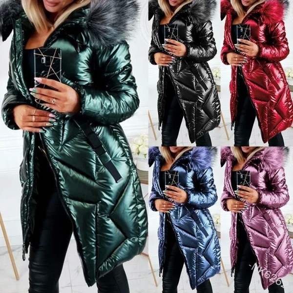 Pardessus mi-long avec fermeture éclair pour femme, parka brillante, grand col en fourrure, coupe-vent, manteau très chaud|26,99 €|OKKO MODE