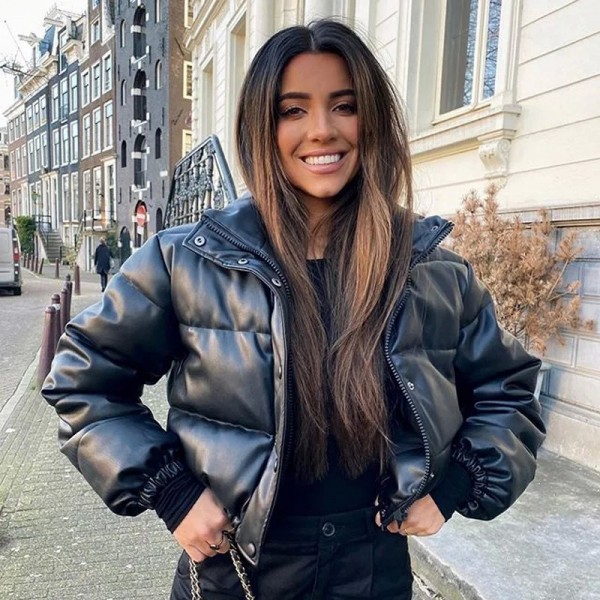 Doudoune matelassée en cuir PU pour femme, Parka courte élégante