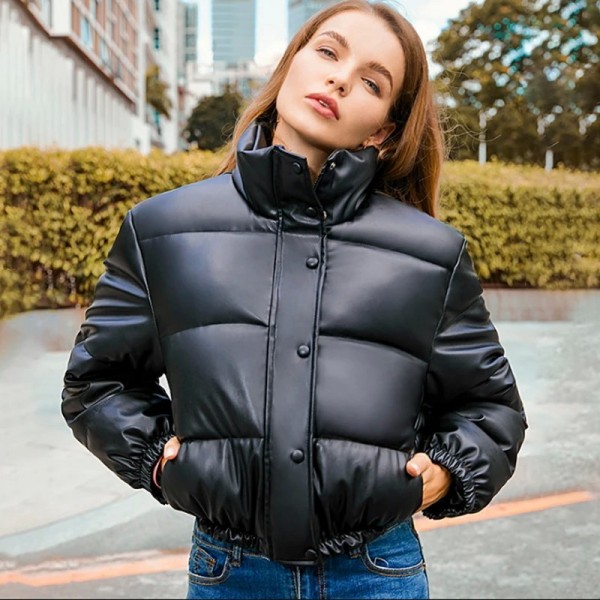 Doudoune matelassée en cuir PU pour femme, Parkas courtes, Vêtements à fermeture éclair élégants, Fibre optique chaude, Coton|30,02 €|OKKO MODE