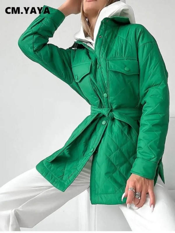 Women's Long Sleeve Button-Up Parka Jacket - Warm Outerwear with Collared Neck