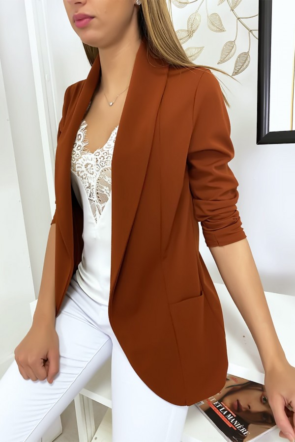 Veste Blazer cognac col châle avec poches. Blazer femme 1526 - 2