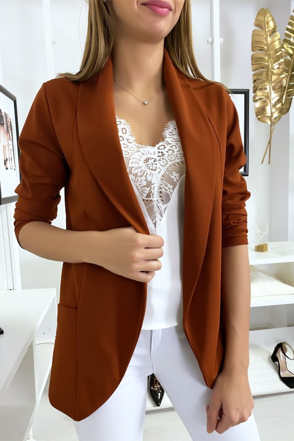 Veste Blazer cognac col châle avec poches. Blazer femme 1526 - 3