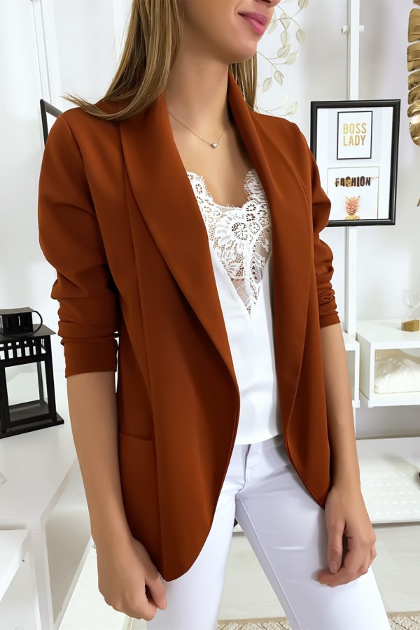 Veste Blazer cognac col châle avec poches. Blazer femme 1526 - 4