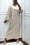 Longue robe pull over size col rond beige  - 4