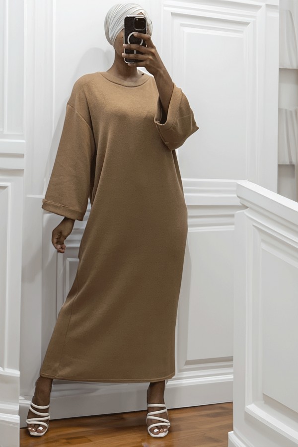 Longue robe pull over size col rond camel  - 3