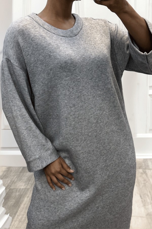 Longue robe pull over size col rond gris  - 1