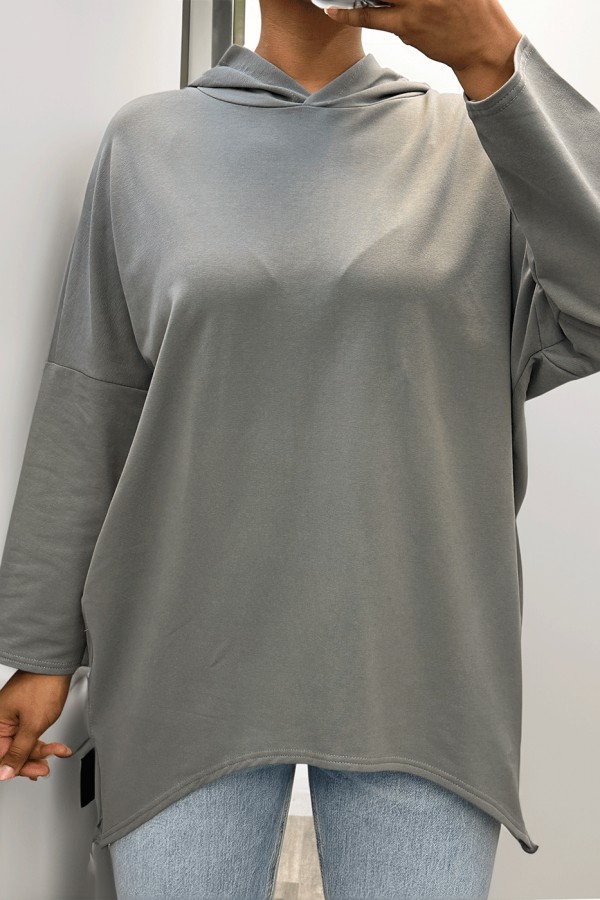 Sweat anthracite à capuche style asymétrique et loose avec fermeture sur le côté - 7