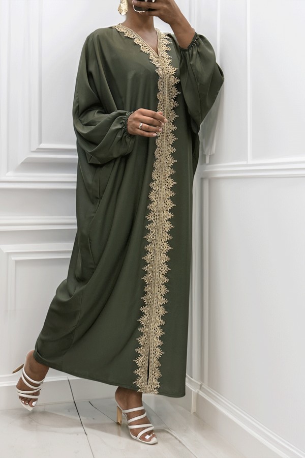 Longue abaya kaki over size avec une jolie dentelle  - 2