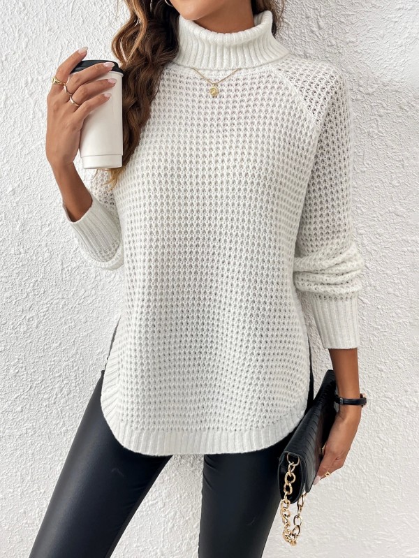 Pull blanc à col roulé à manches longues pour femmes, pull en tricot, fente latérale haute, échancré|20,69 €|OKKO MODE