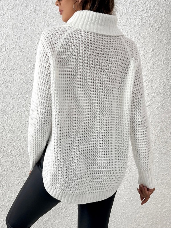 Pull blanc à col roulé à manches longues pour femmes, pull en tricot, fente latérale haute, échancré|20,69 €|OKKO MODE