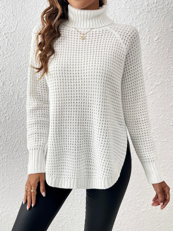 Pull blanc à col roulé à manches longues pour femmes, pull en tricot, fente latérale haute, échancré|20,69 €|OKKO MODE