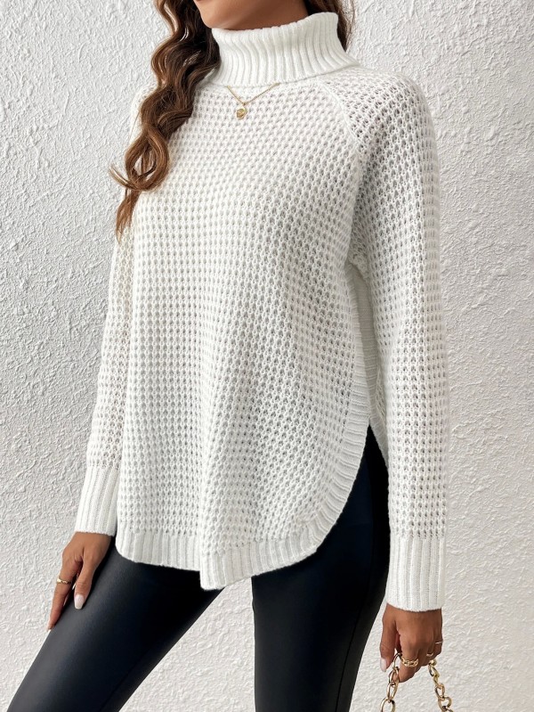 Pull blanc à col roulé à manches longues pour femmes, pull en tricot, fente latérale haute, échancré|20,69 €|OKKO MODE