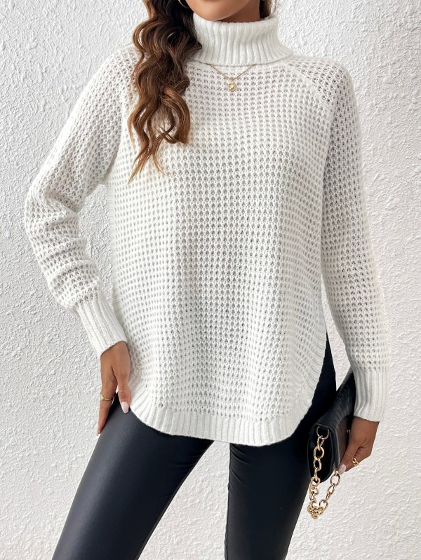 Pull blanc à col roulé à manches longues pour femmes, pull en tricot, fente latérale haute, échancré|20,69 €|OKKO MODE