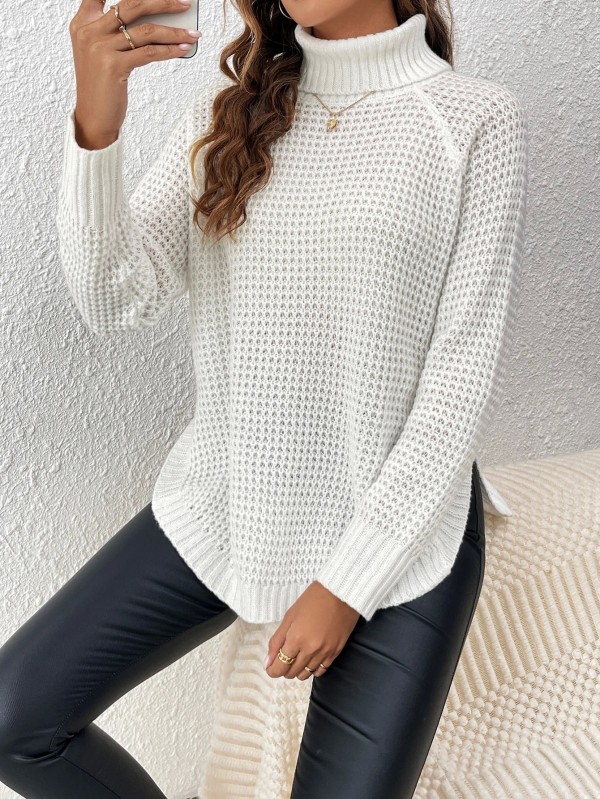 Pull blanc à col roulé à manches longues pour femmes, pull en tricot, fente latérale haute, échancré|20,69 €|OKKO MODE