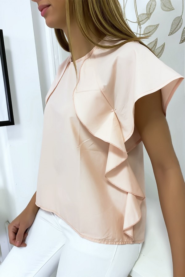 Blouse rose à volant avec trois boutons à l'épaules - 3