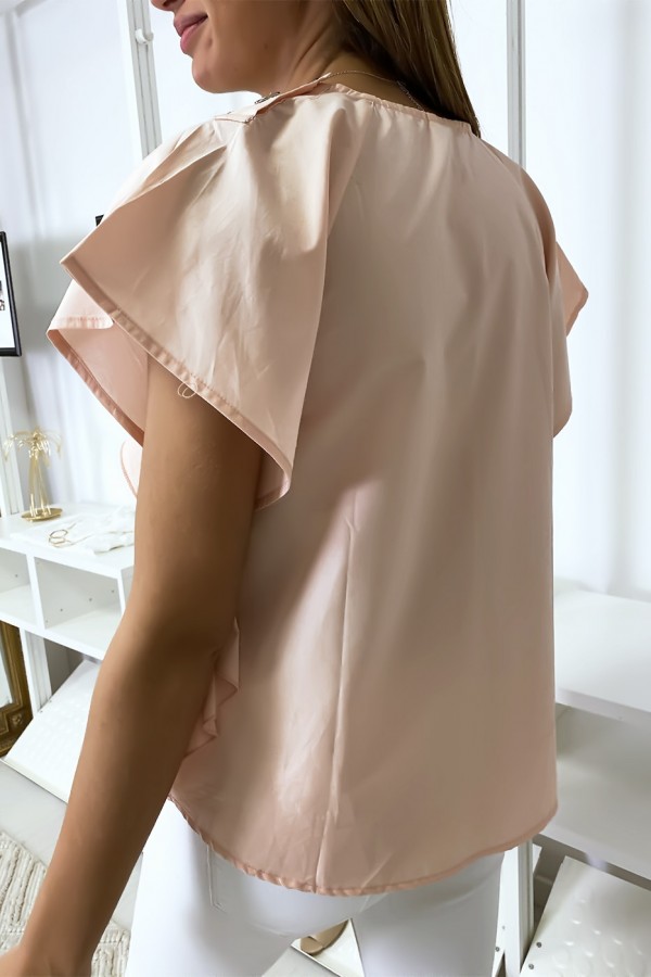 Blouse rose à volant avec trois boutons à l'épaules - 4