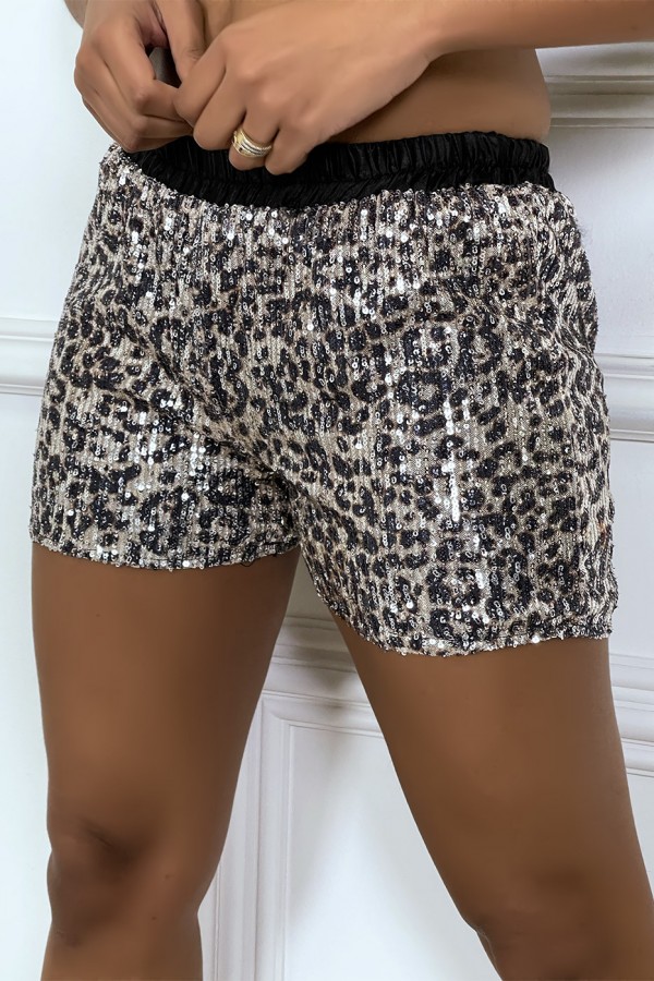 Mini short noir leopard en sequins - 6