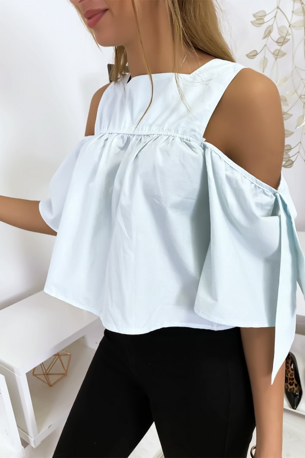 Blouse crop top bleu avec noeuds - 2