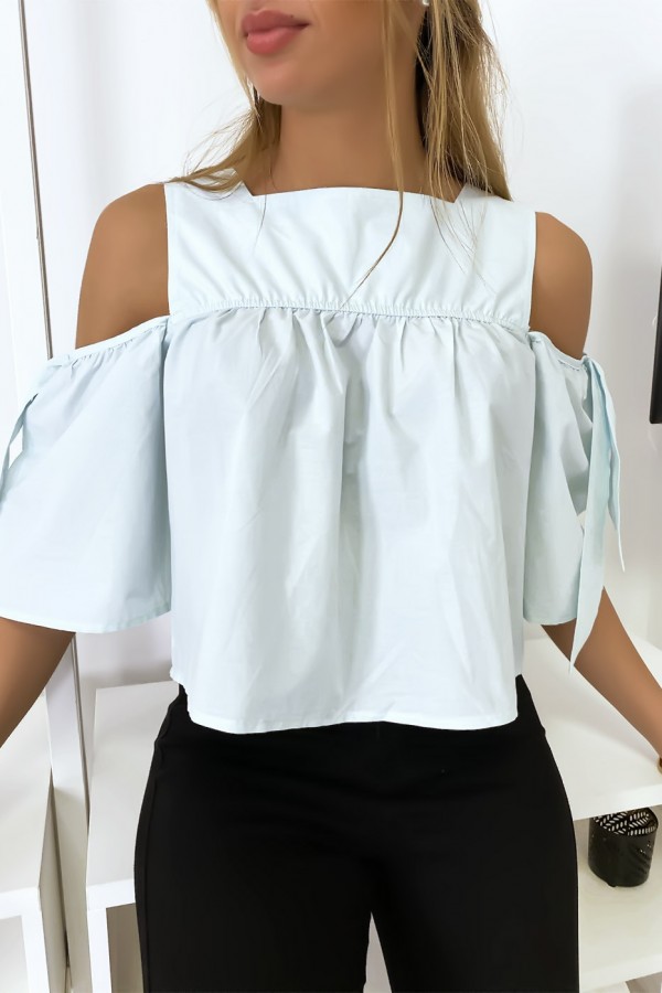 Blouse crop top bleu avec noeuds - 4