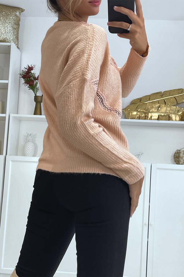 Pull col V en rose over size avec dentelle dans une belle matière douce - 4