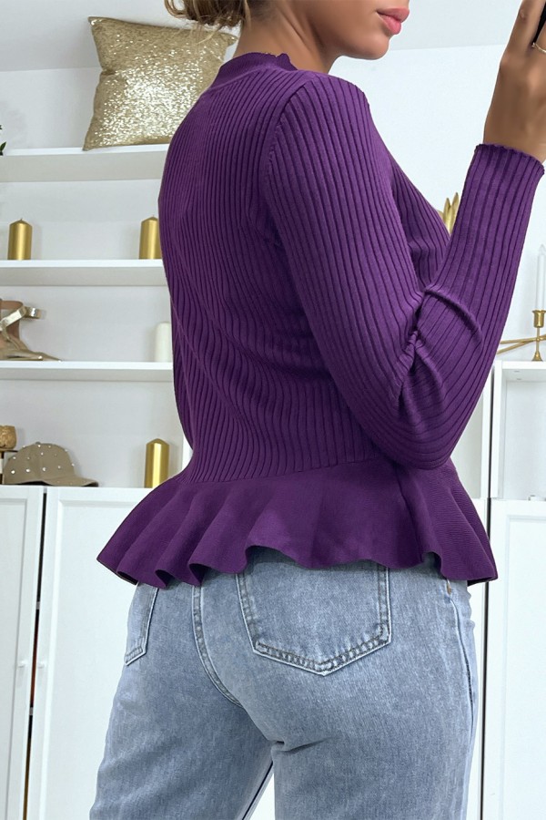 Pull violet côtelé coupe péplum et col haut - 1