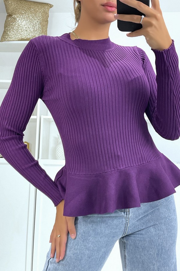 Pull violet côtelé coupe péplum et col haut - 4