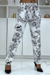 Pantalon fluide blanc à motif floral B-47 - 1