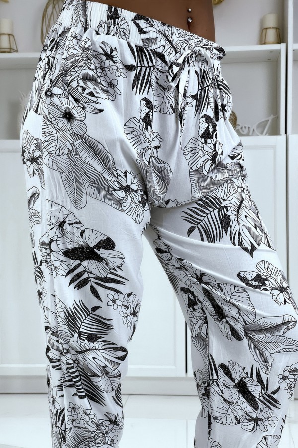 Pantalon fluide blanc à motif floral B-47 - 4