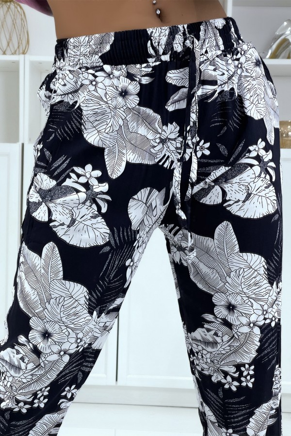 Pantalon fluide marine à motif floral B-47 - 4