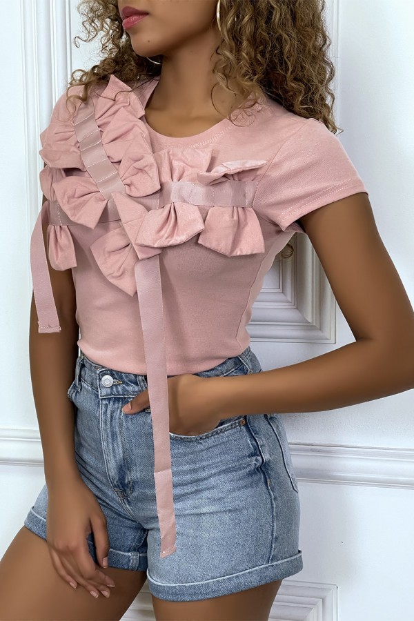 T-shirt rose manches courtes, avec des noeuds - 2