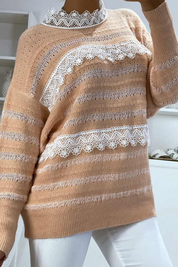 Pull rose à col rond et dentelle femme - 2