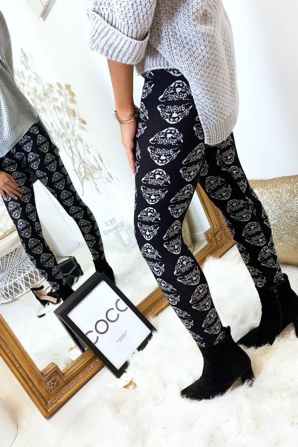 Legging d'hiver noir avec motifs tête de panthère en blanc. Style fashion. - 10