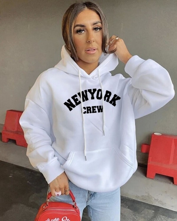 Sweat à Capuche en Polyester à Manches sulf Femme, Streetwear NEWYORK Imprimées, Vêtement d'Hiver