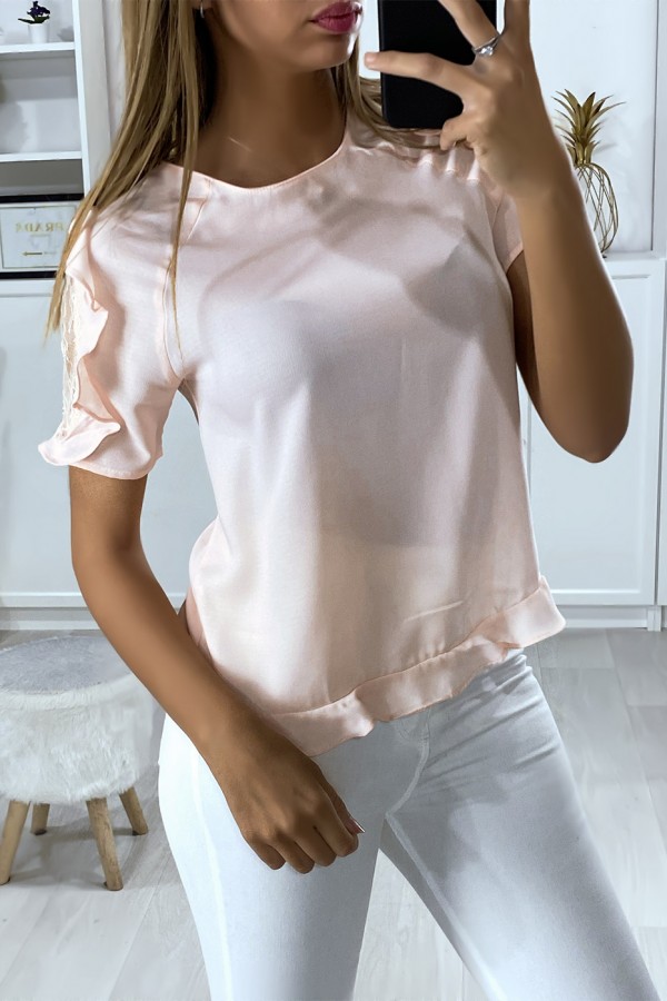 Blouse rose manches volantes avec dentelle et boutonnés au dos - 3