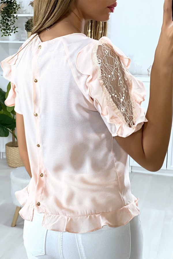 Blouse rose manches volantes avec dentelle et boutonnés au dos - 5