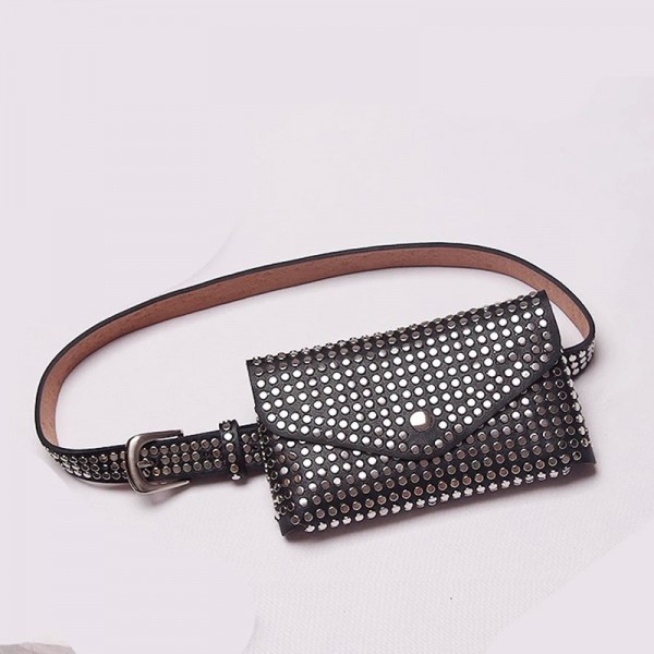 Petit sac de taille pour téléphone portable polyvalent pour femme, style punk, ceinture noire à rivets, décoration fine|1,98 €|OKKO MODE