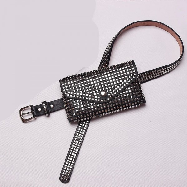 Petit sac de taille pour téléphone portable polyvalent pour femme, style punk, ceinture noire à rivets, décoration fine|1,98 €|OKKO MODE