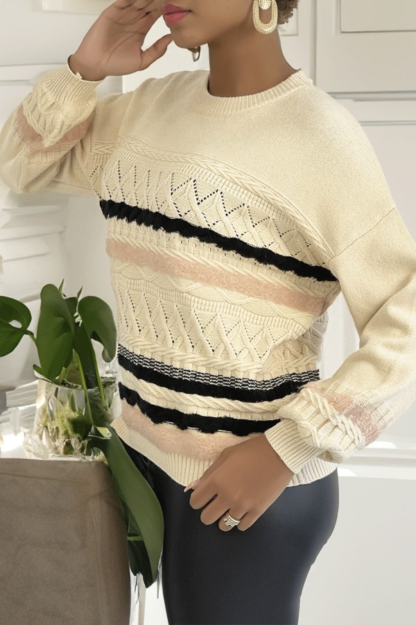 Pull beige à manches bouffantes et motifs rétro - 2