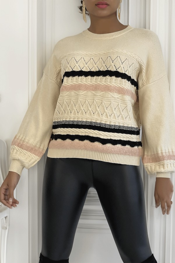 Pull beige à manches bouffantes et motifs rétro - 5