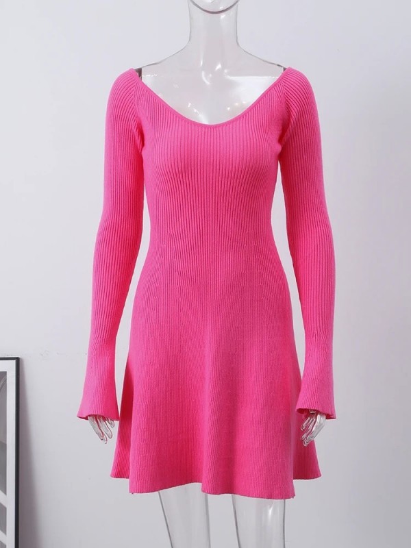 Robe en tricot à manches longues pour femmes, ourlet à volants en V|32,39 €|OKKO MODE