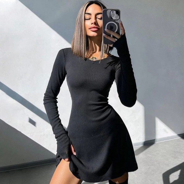 Robe courte noire sexy à manches longues et col en V pour femmes|13,49 €|OKKO MODE