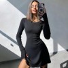 Robe courte noire sexy à manches longues et col en V pour femmes|13,49 €|OKKO MODE