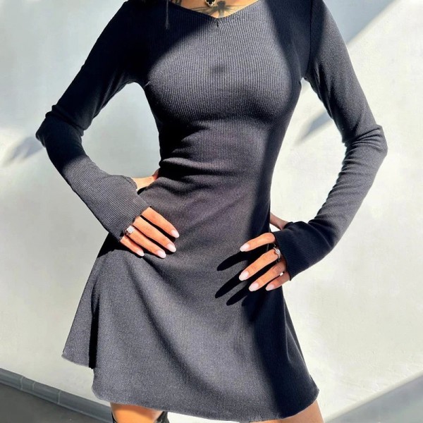 Robe courte noire sexy à manches longues et col en V pour femmes|13,49 €|OKKO MODE